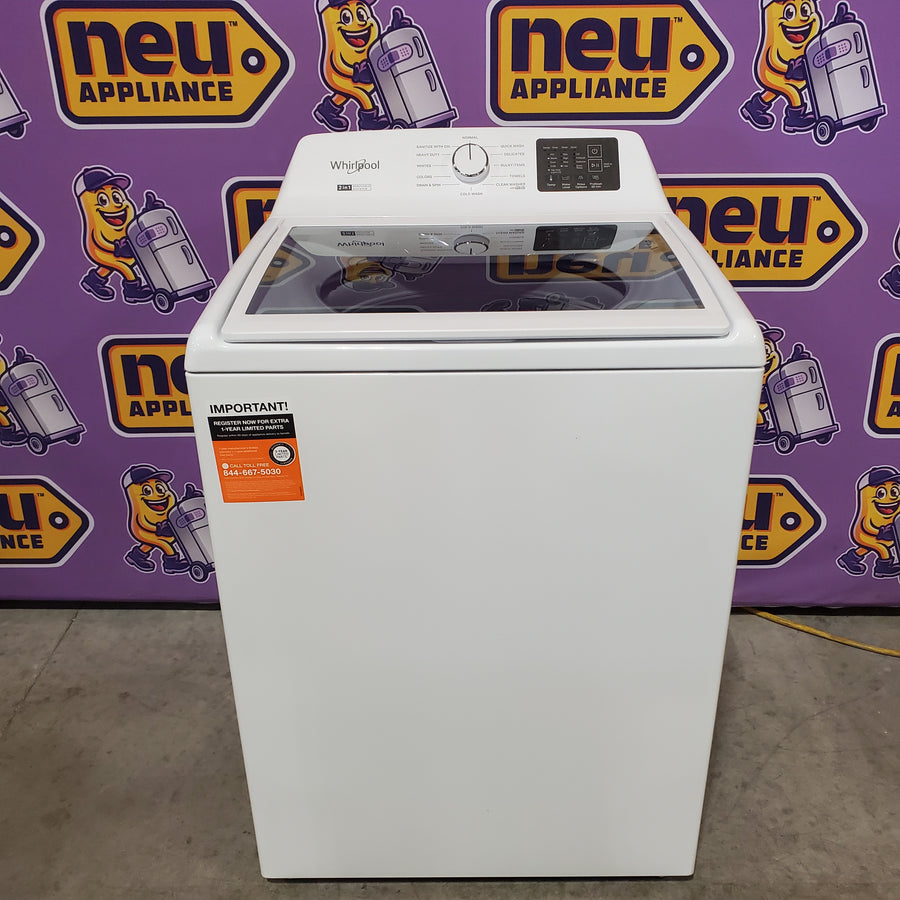 Whirlpool 4.2-4.3 Cu. Ft. Top Load Washer with 2-in-1 Removable Agitator and Soft Close Glass Lid WTW4307SW - Open Box and Whirlpool 7.0 cu. ft. Electric Dryer with Adaptive Dry and Wrinkle Shield™ Option WED4307SW - Open Box