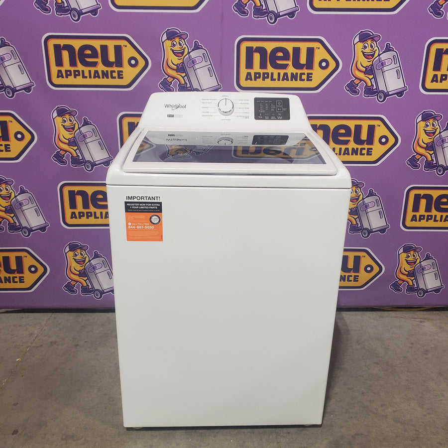 Whirlpool 4.2-4.3 Cu. Ft. Top Load Washer with 2-in-1 Removable Agitator and Soft Close Glass Lid WTW4307SW - Open Box and Whirlpool 7.0 cu. ft. Vented Front Load Electric Dryer in White with Adaptive Dry WED4107SW - Scratch & Dent (Minor)