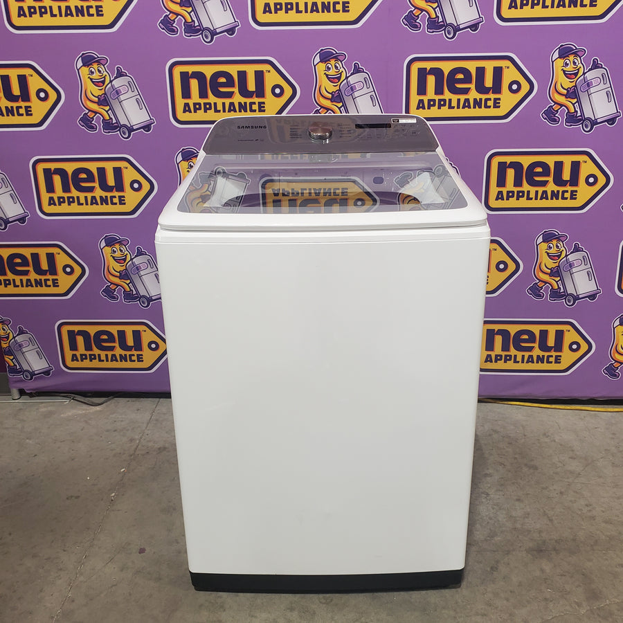 Samsung 5.0 cu. ft. Top Load Washing Machine with Active Water Jet WA50R5200AW - Scratch & Dent (Moderate) and Samsung White Smart Electric 7.4 Cu. Ft. Dryer with Sensor Dry and Steam Sanitize+ DVE52A5500W - Scratch & Dent (Minor)