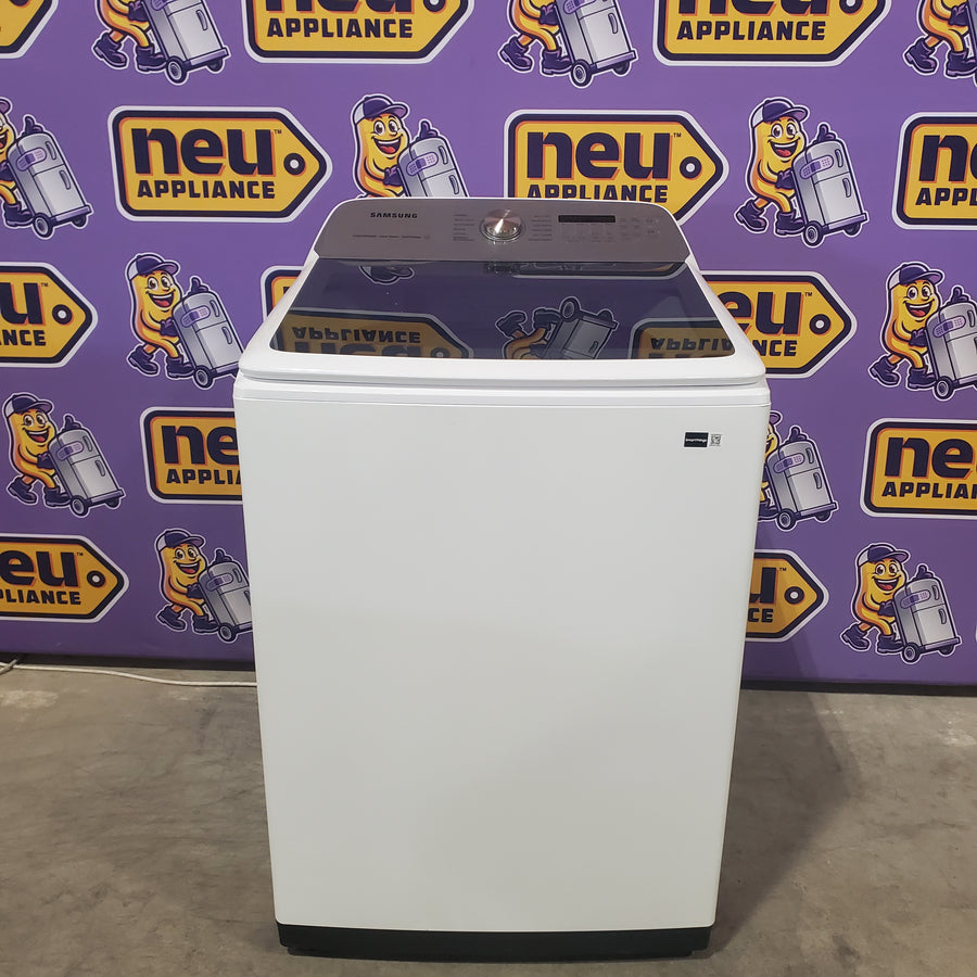 Samsung 5.2 cu. ft. Large Capacity Smart Top Load Washer with Super Speed Wash in White WA52DG5500AW - Scratch & Dent (Minor) and Samsung White Smart Electric 7.4 Cu. Ft. Dryer with Sensor Dry and Steam Sanitize+ DVE52A5500W - Scratch & Dent (Moderate)