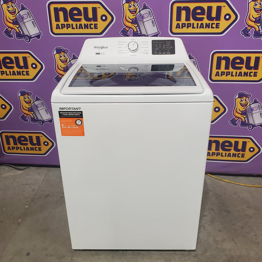 Whirlpool 4.2-4.3 Cu. Ft. Top Load Washer with 2-in-1 Removable Agitator and Soft Close Glass Lid WTW4307SW - Scratch & Dent (Minor) and Whirlpool 7.0 cu. ft. Electric Dryer with Adaptive Dry and Wrinkle Shield™ Option WED4307SW - Scratch & Dent (Minor)