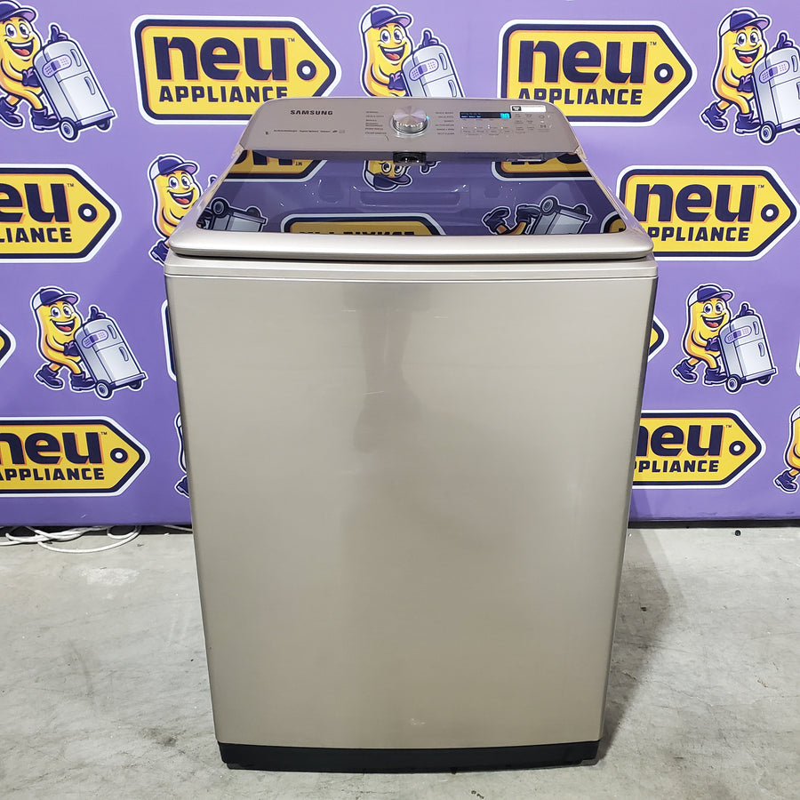 Samsung High Efficiency Extra Large ( 5.4-cu ft ) Top-Load Washer with Steam Cycle in Champagne WA54R7600AC - Certified Refurbished and Samsung 7.4-cu ft Vented Electric Dryer with Steam Cycle in Champagne DVE54R7600C - Certified Refurbished