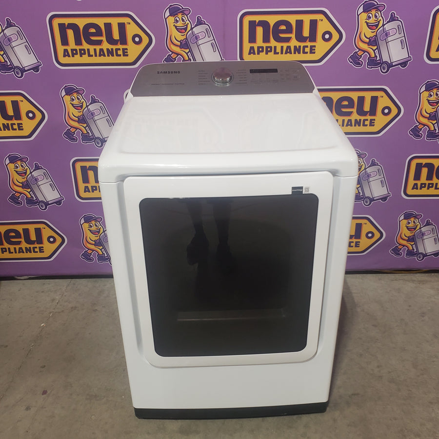 Samsung 5.2 cu. ft. Large Capacity Smart Top Load Washer with Super Speed Wash in White WA52DG5500AW - Scratch & Dent (Minor) and Samsung White Smart Electric 7.4 Cu. Ft. Dryer with Sensor Dry and Steam Sanitize+ DVE52A5500W - Scratch & Dent (Minor)