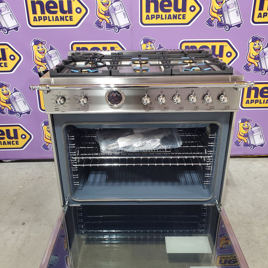 Bertazzoni 36 Inch Freestanding Dual Fuel Range with 6 Sealed Burners, 5.7 cu. ft. Capacity, Continuous Grates, Self-Cleaning, and 19000 BTU Power Burner HER366BCFEPXT - Open Box