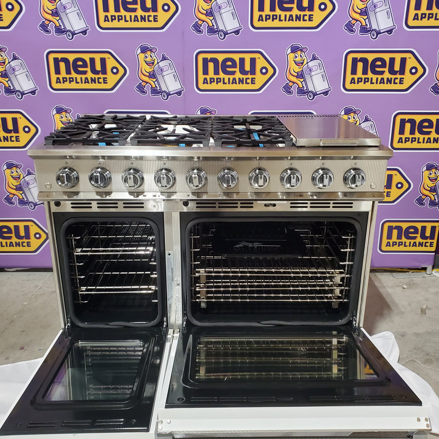 Hestan 48 Inch Freestanding Dual Fuel Range with 5 Burners, 12 Inch Griddle, Heavy-Duty Cast Iron Grates, CircuFlame™, Dual-Flow Burner, Electronic Ignition/Reignition, and PureVection™ KRD485GD-NG-WH - Open Box