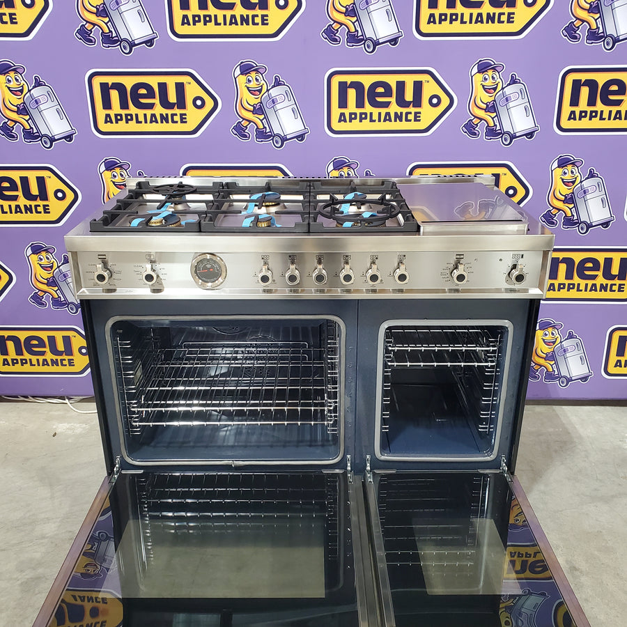 Bertazzoni 48 Inch Freestanding Dual Fuel Range with 6 Sealed Burners, 7 cu. ft. Total Capacity, Continuous Grates, Self-Clean, and Griddle PRO486BTFEPNET - Scratch & Dent (Minor)