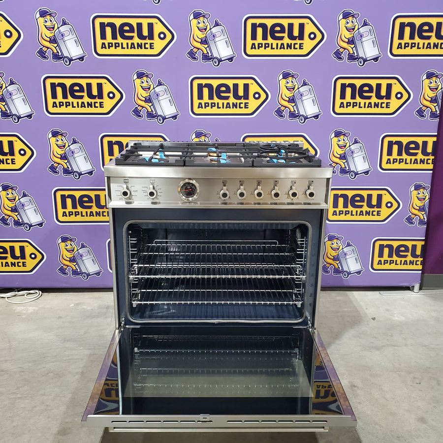 Bertazzoni 36 Inch Freestanding Professional Dual Fuel Range with 6 Sealed Burners, 5.7 Cu. Ft. Oven Capacity, Continuous Grates, Self Clean, Elegant Digital Gauge, and 19000 BTU Power Burners PROF366DFSXT - Scratch & Dent (Minor)