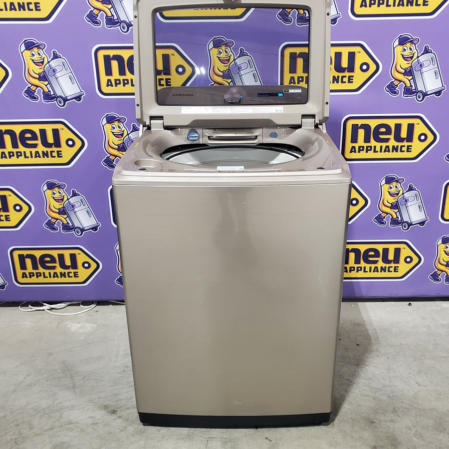 Samsung High Efficiency Extra Large ( 5.4-cu ft ) Top-Load Washer with Steam Cycle in Champagne WA54R7600AC - Certified Refurbished and Samsung 7.4-cu ft Vented Electric Dryer with Steam Cycle in Champagne DVE54R7600C - Certified Refurbished