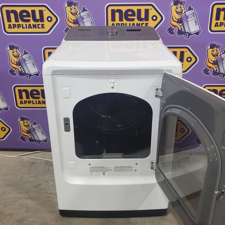 Samsung 5.2 cu. ft. Large Capacity Smart Top Load Washer with Super Speed Wash in White WA52DG5500AW - Scratch & Dent (Minor) and Samsung White Smart Electric 7.4 Cu. Ft. Dryer with Sensor Dry and Steam Sanitize+ DVE52A5500W - Scratch & Dent (Moderate)