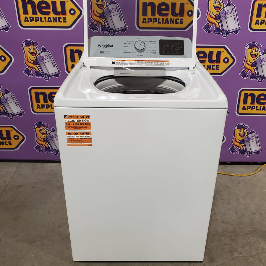Whirlpool 4.2-4.3 Cu. Ft. Top Load Washer with 2-in-1 Removable Agitator and Soft Close Glass Lid WTW4307SW - Scratch & Dent (Minor) and Whirlpool 7.0 cu. ft. Electric Dryer with Adaptive Dry and Wrinkle Shield™ Option WED4307SW - Scratch & Dent (Minor)