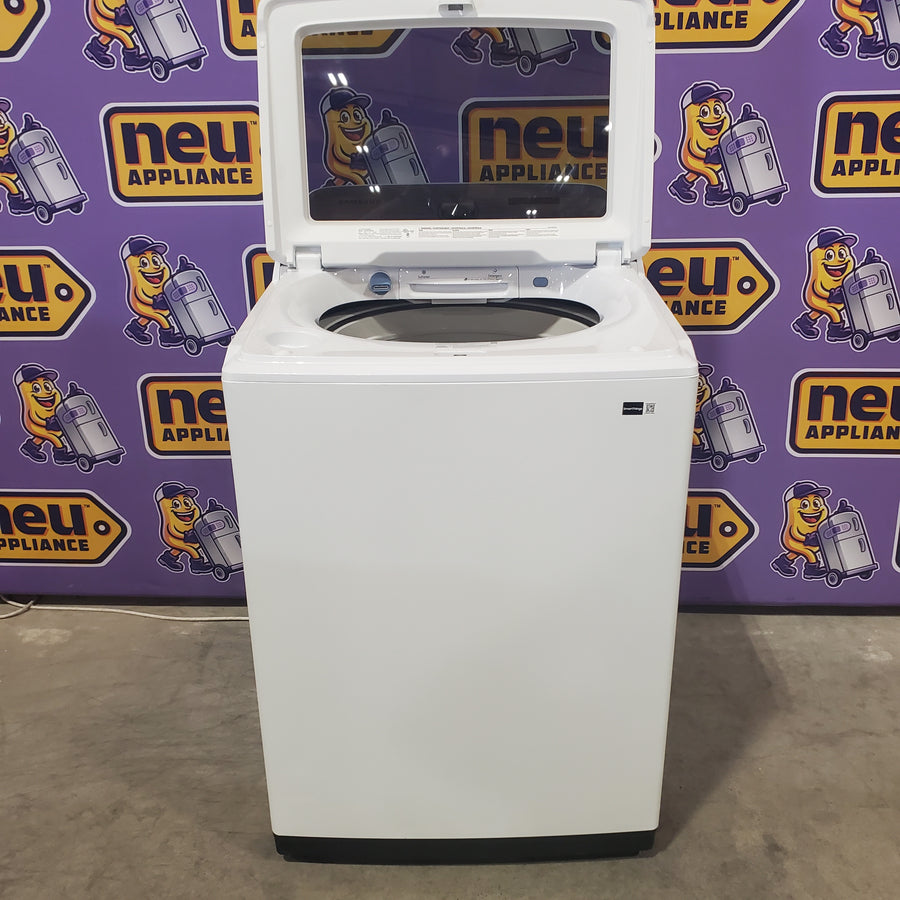 Samsung 5.2 cu. ft. Large Capacity Smart Top Load Washer with Super Speed Wash in White WA52DG5500AW - Scratch & Dent (Minor) and Samsung White Smart Electric 7.4 Cu. Ft. Dryer with Sensor Dry and Steam Sanitize+ DVE52A5500W - Scratch & Dent (Moderate)