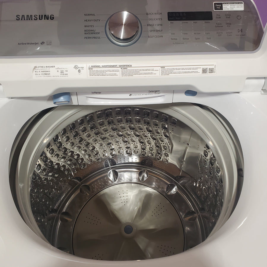 Samsung 5.0 cu. ft. Top Load Washing Machine with Active Water Jet WA50R5200AW - Scratch & Dent (Moderate) and Samsung White Smart Electric 7.4 Cu. Ft. Dryer with Sensor Dry and Steam Sanitize+ DVE52A5500W - Scratch & Dent (Minor)