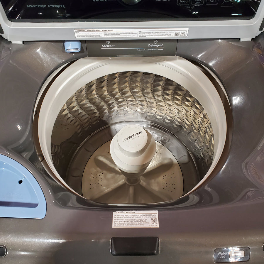 Samsung 4.4 cu. ft. Top Load Washer with ActiveWave™ Agitator and Active WaterJet in Platinum WA44A3405AP - Certified Refurbished and Samsung Platinum Electric 7.4 Cu. Ft. Dryer with Sensor Dry DVE45T3400P - Certified Refurbished
