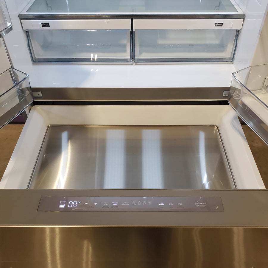 Bertazzoni 36 Inch Freestanding 4-Door French Door Refrigerator with 21.6 Cu. Ft. Total Capacity, Precise Temperature, Individual Quattro Temp Zone Drawer, and Dual Humidity-Controlled Crispers REF36FDFZXNT - Scratch & Dent (Moderate)