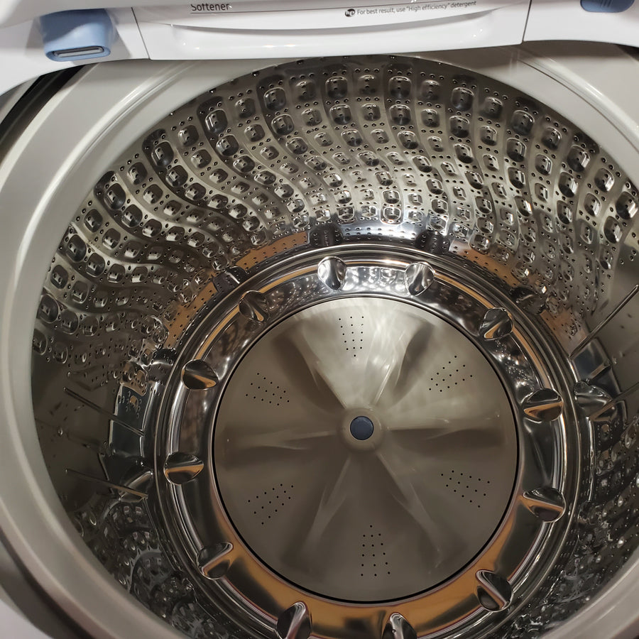 Samsung 5.2 cu. ft. Large Capacity Smart Top Load Washer with Super Speed Wash in White WA52DG5500AW - Scratch & Dent (Minor) and Samsung White Smart Electric 7.4 Cu. Ft. Dryer with Sensor Dry and Steam Sanitize+ DVE52A5500W - Scratch & Dent (Minor)