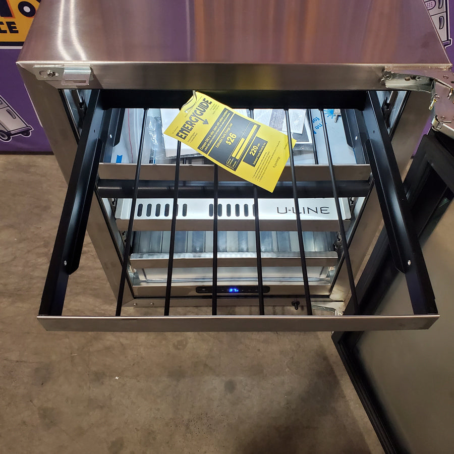 U-Line 24 Inch Dual Zone Beverage Center with 5.1 Cu. Ft. Capacity, Convection Cooling, Stainless Steel Interior, Removable Full-Extension: Shelf, Slide & Secure Bin, and Wine Racks UHBD524 - Scratch & Dent (Minor)