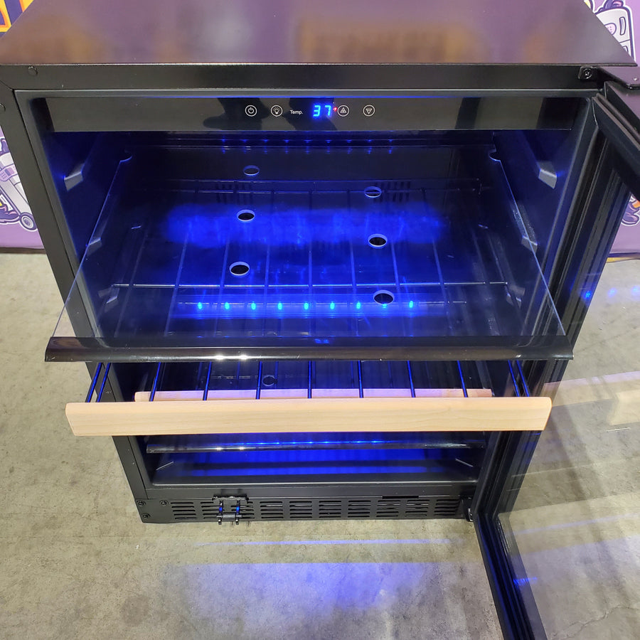 Azure 24 Inch Beverage Center with Blue LED Lighting, Glass Shelving, Wine Racks, Field Reversible Door, Digital Display Controls, and Auto Defrost A124BEV-O - Open Box
