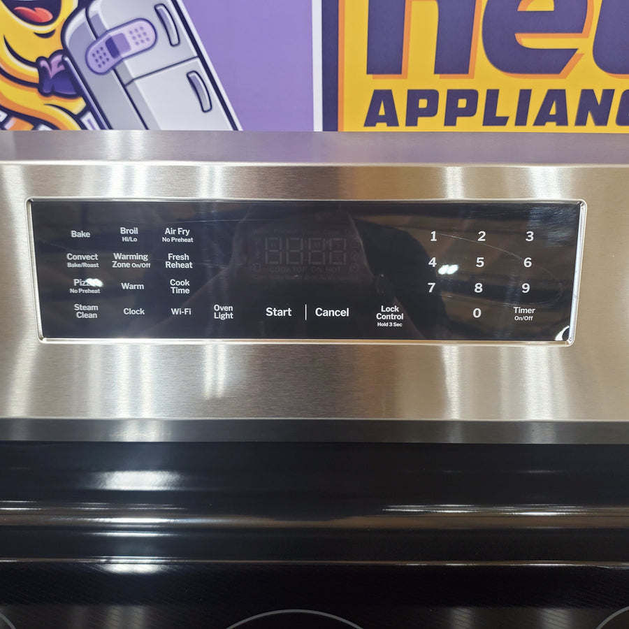 GE Profile EasyWash Oven Tray 30-in Glass Top 5 burners 5.3-cu ft Air Fry Convection Oven Freestanding Electric Range with WipeClean Coating in Fingerprint Resistant Stainless Steel PRF700AYFS - Open Box