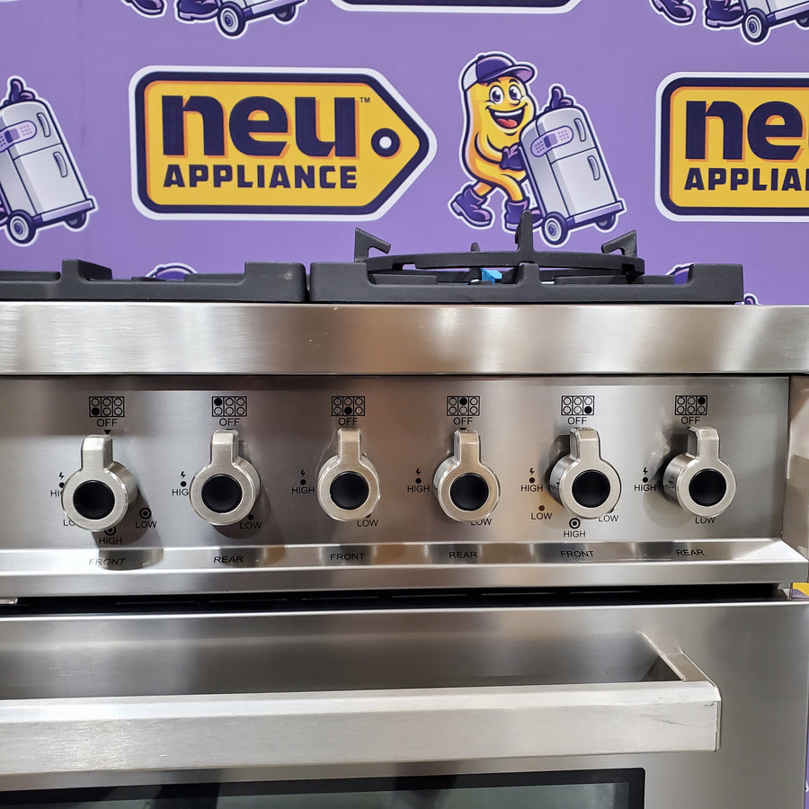 Bertazzoni 36 Inch Freestanding Professional Dual Fuel Range with 6 Sealed Burners, 5.7 Cu. Ft. Oven Capacity, Continuous Grates, Self Clean, Elegant Digital Gauge, and 19000 BTU Power Burners PROF366DFSXT - Scratch & Dent (Minor)