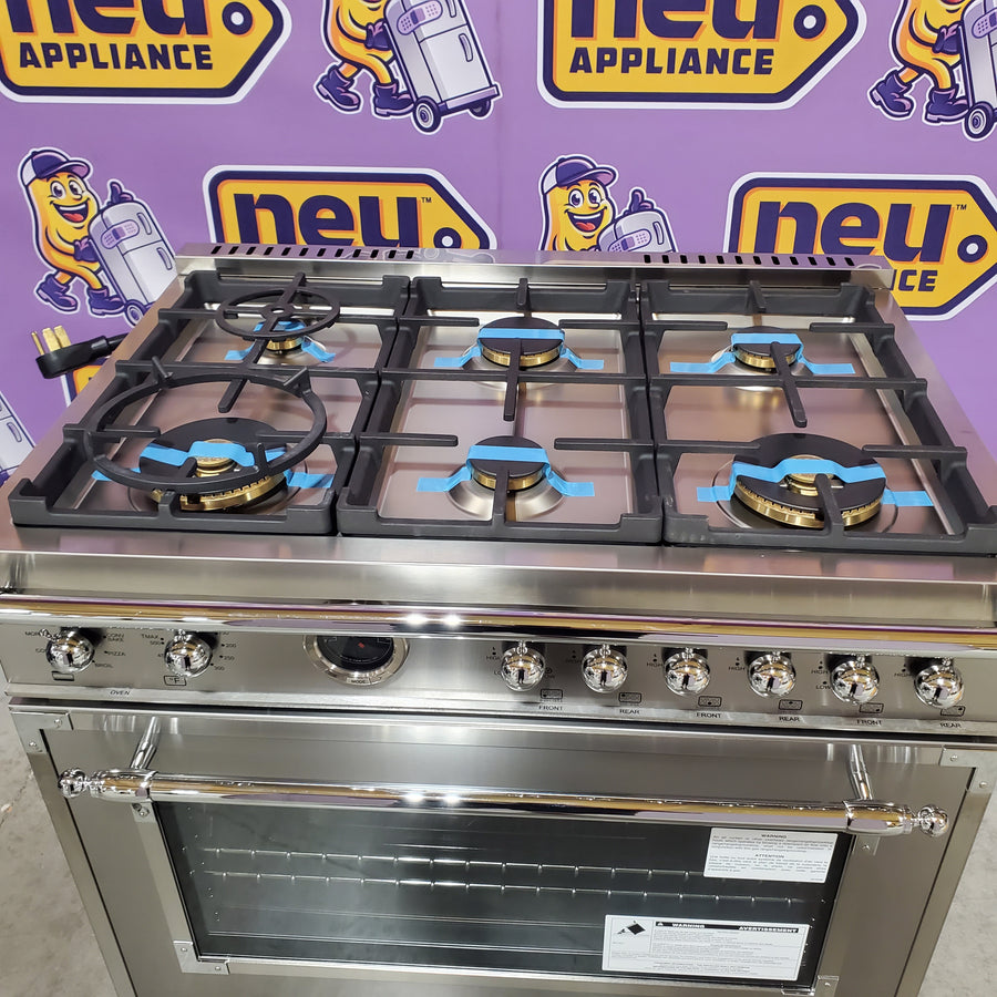 Bertazzoni 36 Inch Freestanding Dual Fuel Range with 6 Sealed Burners, 5.7 cu. ft. Capacity, Continuous Grates, Self-Cleaning, and 19000 BTU Power Burner HER366BCFEPXT - Open Box