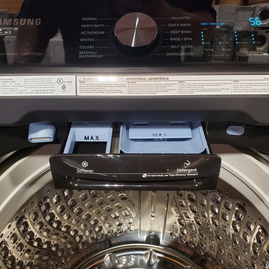 Samsung 5.5 cu.ft. Extra-Large Capacity Smart Top Load Washer with Super Speed Wash in Brushed Black WA55CG7100AV - Scratch & Dent (Major)