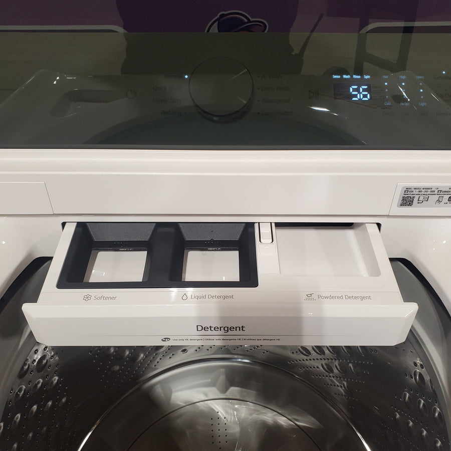 LG 5.0 cu.ft. SMART Top Load Washer in Alpine White with TurboWash WT8200CW - Scratch & Dent (Minor) and LG 7.3 cu. ft. Ultra Large Capacity Rear Control Electric Dryer with AI Sensing and ThinQ® Smart Features DLE8200W - Scratch & Dent (Moderate)