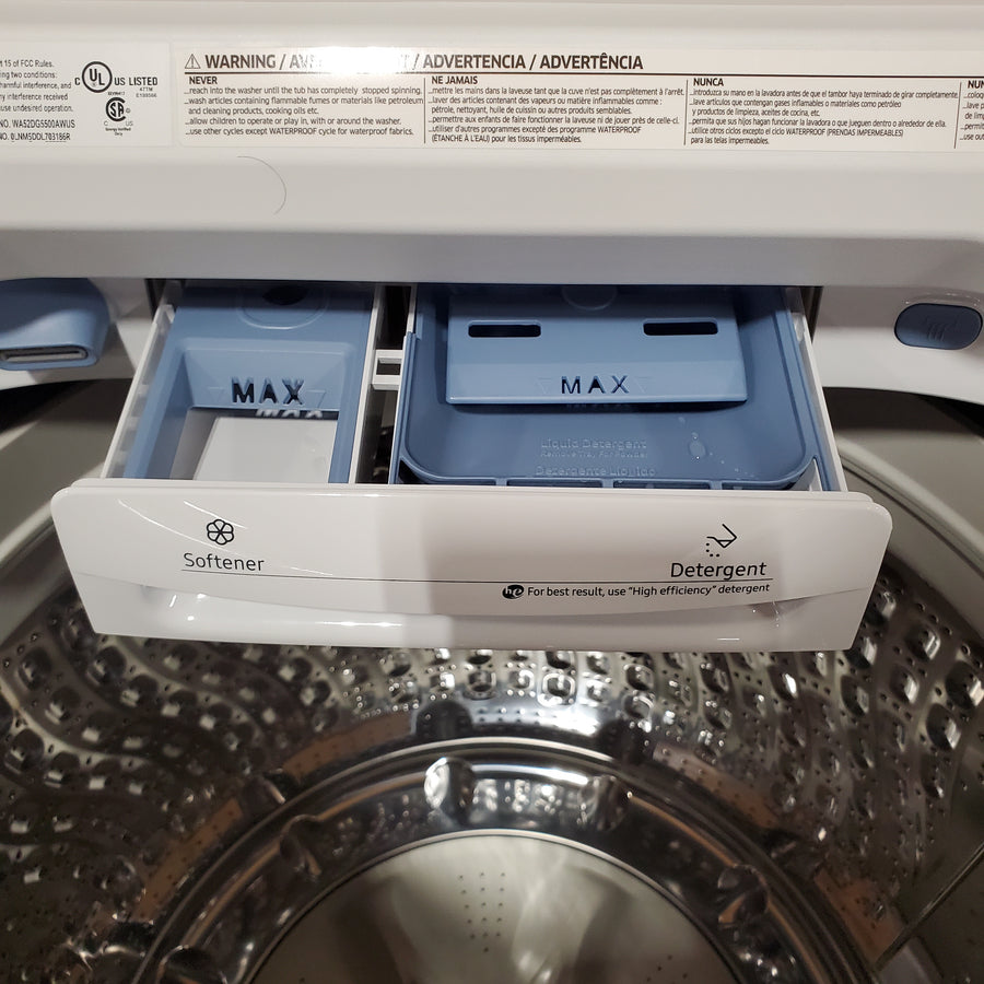 Samsung 5.2 cu. ft. Large Capacity Smart Top Load Washer with Super Speed Wash in White WA52DG5500AW - Scratch & Dent (Minor) and Samsung White Smart Electric 7.4 Cu. Ft. Dryer with Sensor Dry and Steam Sanitize+ DVE52A5500W - Scratch & Dent (Minor)