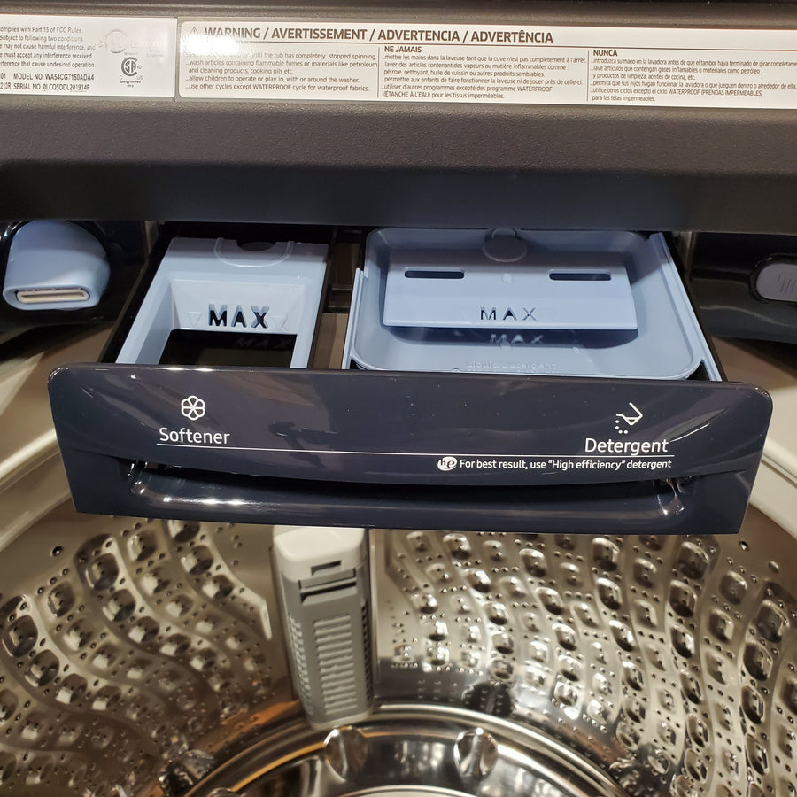 Samsung 5.4 cu. ft. Smart Top Load Washer with Pet Care Solution and Super Speed Wash WA54CG7150AD - Scratch & Dent (Minor) and 7.4 cu. ft. Smart Vented Electric Dryer with Pet Care Dry and Steam Sanitize+ 16262 - DVE54CG7150D - Open Box