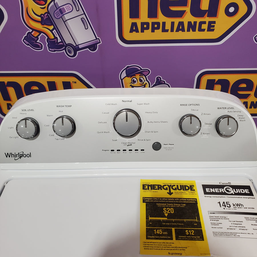 Whirlpool Top Load 3.5 Cu. Ft. Washer with Deep Water Wash Option WTW4816FW - Scratch & Dent (Major) and Whirlpool White Gas 7.0 Cu. Ft. Vented Dryer with Wrinkle Shield Option and AutoDry Drying System WGD4815EW - Scratch & Dent (Major)