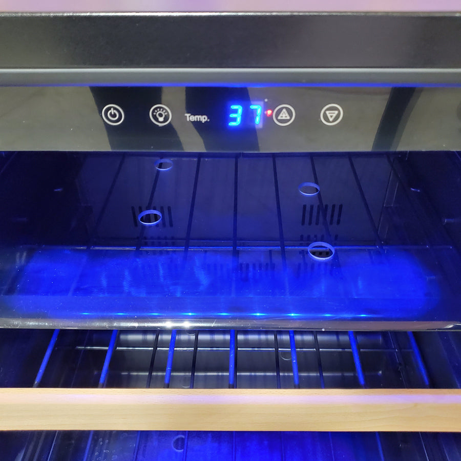 Azure 24 Inch Beverage Center with Blue LED Lighting, Glass Shelving, Wine Racks, Field Reversible Door, Digital Display Controls, and Auto Defrost A124BEV-O - Open Box
