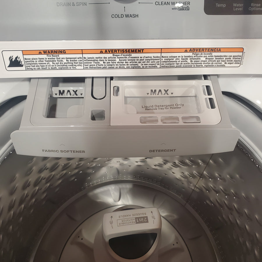Whirlpool 4.2-4.3 Cu. Ft. Top Load Washer with 2-in-1 Removable Agitator and Soft Close Glass Lid WTW4307SW - Open Box and Whirlpool 7.0 cu. ft. Vented Front Load Electric Dryer in White with Adaptive Dry WED4107SW - Scratch & Dent (Minor)