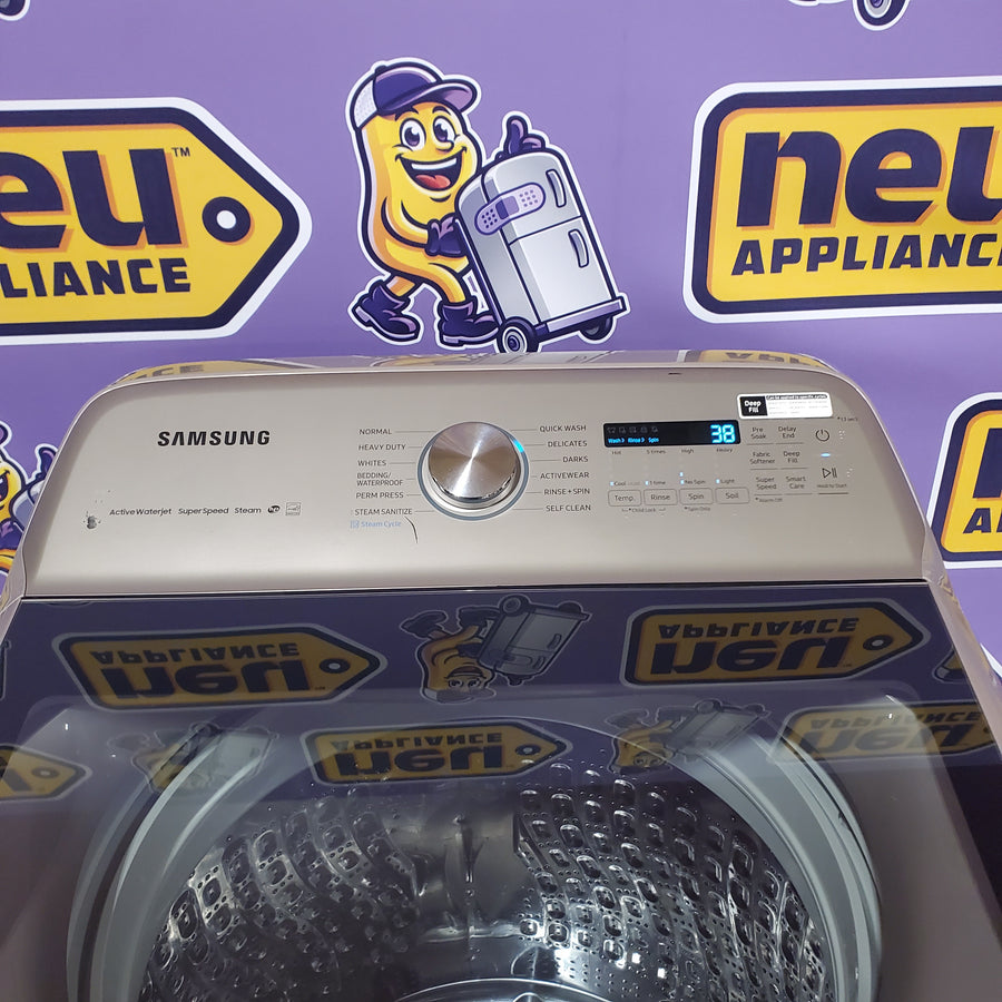 Samsung High Efficiency Extra Large ( 5.4-cu ft ) Top-Load Washer with Steam Cycle in Champagne WA54R7600AC - Certified Refurbished and Samsung 7.4-cu ft Vented Electric Dryer with Steam Cycle in Champagne DVE54R7600C - Certified Refurbished