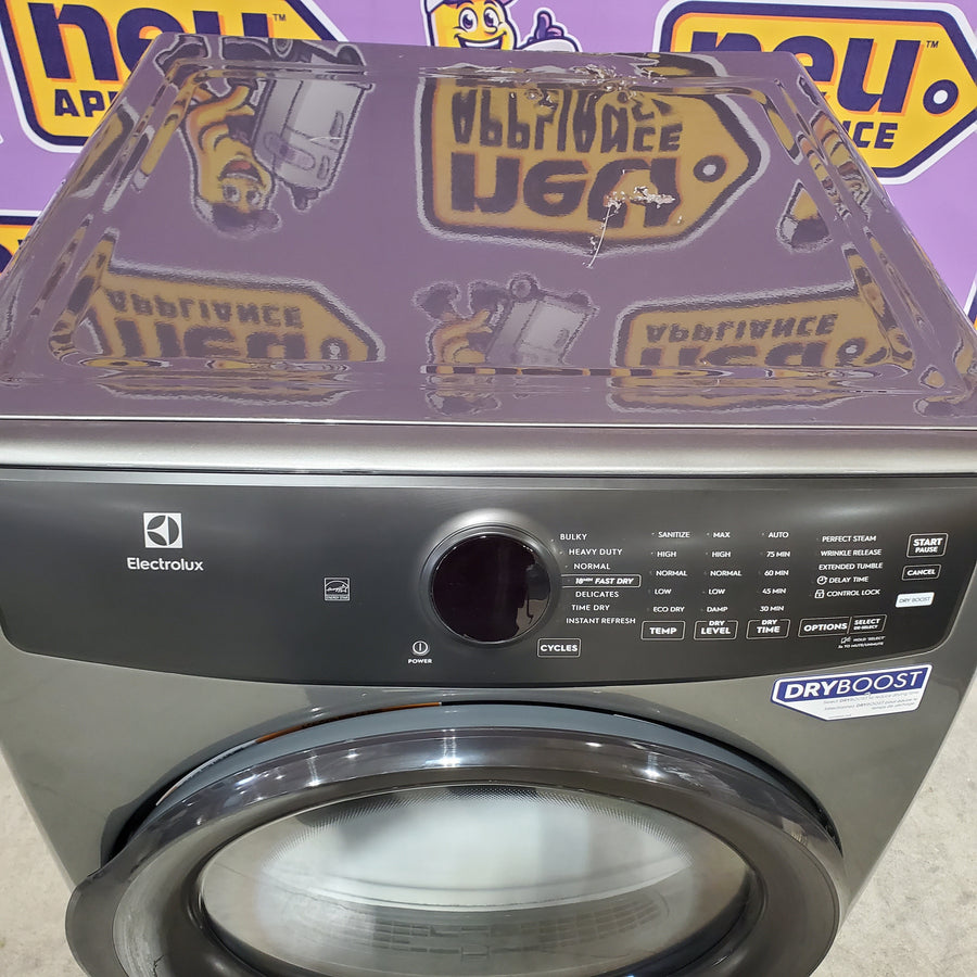 Electrolux 400 Series Front Load Washer - 4.5 Cu. Ft. ELFW7437AT - Scratch & Dent (Minor) and Electrolux 8-cu ft Stackable Vented Electric Dryer with Steam Cycle in Titanium ELFE7437AT - Scratch & Dent (Moderate)