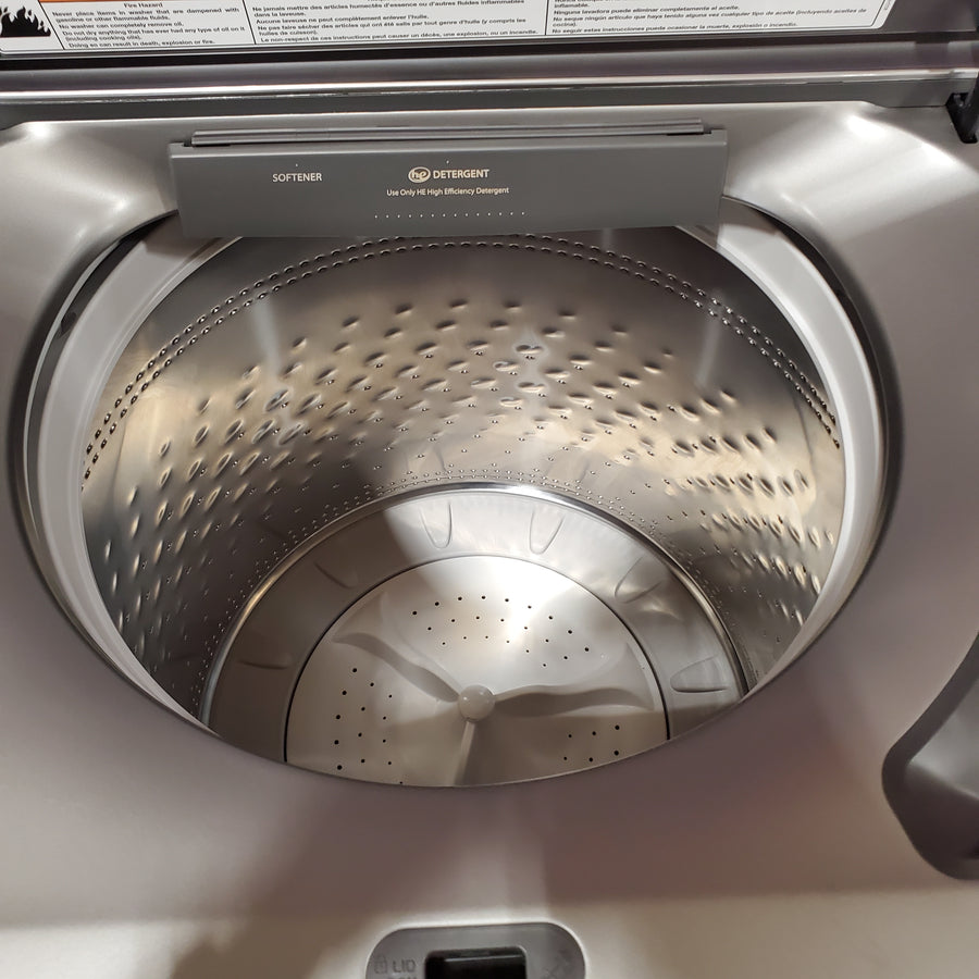 Maytag 5.3 cu. ft. Top Load Washer in Classic Silver with Impeller and Extra Power Option MTW6200RR - Open Box and Maytag 7.4 cu. ft. Vented Front Load Electric Dryer in Classic Silver with Extra Power MED6205RR - Open Box
