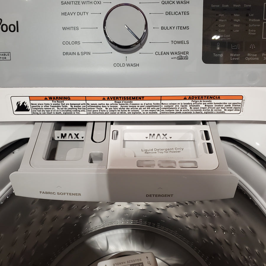Whirlpool 4.2-4.3 Cu. Ft. Top Load Washer with 2-in-1 Removable Agitator and Soft Close Glass Lid WTW4307SW - Open Box and Whirlpool 7.0 cu. ft. Electric Dryer with Adaptive Dry and Wrinkle Shield™ Option WED4307SW - Scratch & Dent (Minor)