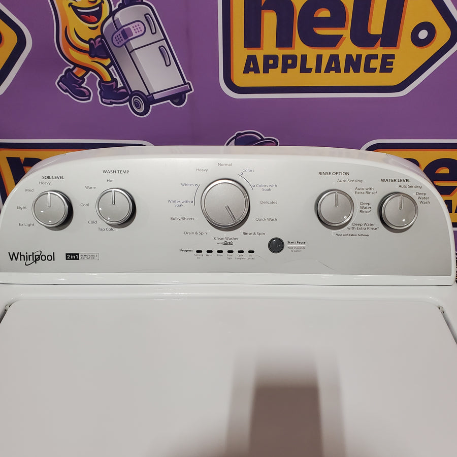 Whirlpool 3.8–3.9 Cu. Ft. Top Load Washer with 2 in 1 Removable Agitator and Soil Level Selection WTW4957PW - Certified Refurbished and Whirlpool White Electric 7.0 Cu. Ft. Dryer with Auto Dry WED4950HW - Certified Refurbished