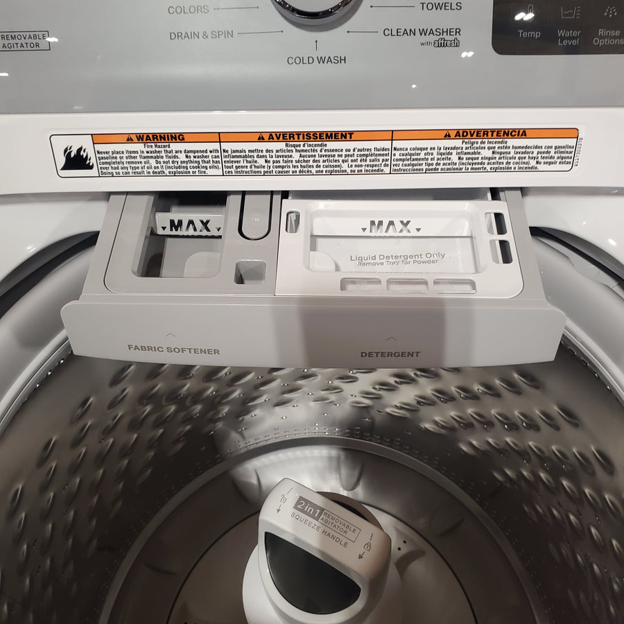 Whirlpool 4.2-4.3 Cu. Ft. Top Load Washer with 2-in-1 Removable Agitator and Soft Close Glass Lid WTW4307SW - Open Box and Whirlpool 7.0 cu. ft. Electric Dryer with Adaptive Dry and Wrinkle Shield™ Option WED4307SW - Open Box