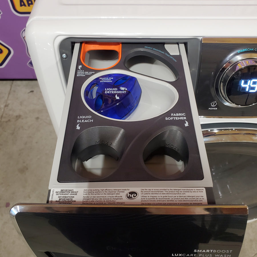 Electrolux 4.5 Cu.Ft. Stackable Front Load Washer with Steam and SmartBoost Wash System ELFW7637AW - Open Box and Electrolux 8.0 cu. ft. Front Load Electric Dryer with Perfect Steam ELFE7637AW - Open Box