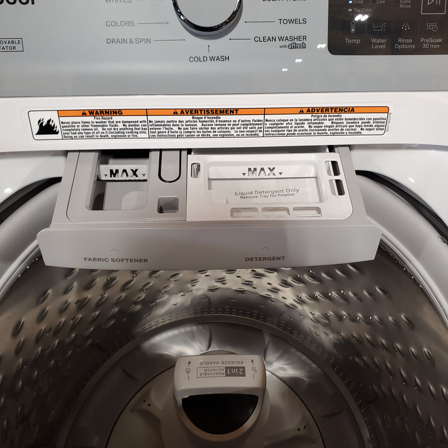 Whirlpool 4.2-4.3 Cu. Ft. Top Load Washer with 2-in-1 Removable Agitator and Soft Close Glass Lid WTW4307SW - Scratch & Dent (Minor) and Whirlpool 7.0 cu. ft. Electric Dryer with Adaptive Dry and Wrinkle Shield™ Option WED4307SW - Scratch & Dent (Minor)