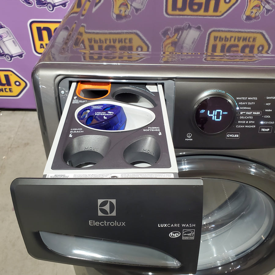 Electrolux 400 Series Front Load Washer - 4.5 Cu. Ft. ELFW7437AT - Open Box and Electrolux 8-cu ft Stackable Vented Electric Dryer with Steam Cycle in Titanium ELFE7437AT - Scratch & Dent (Minor)