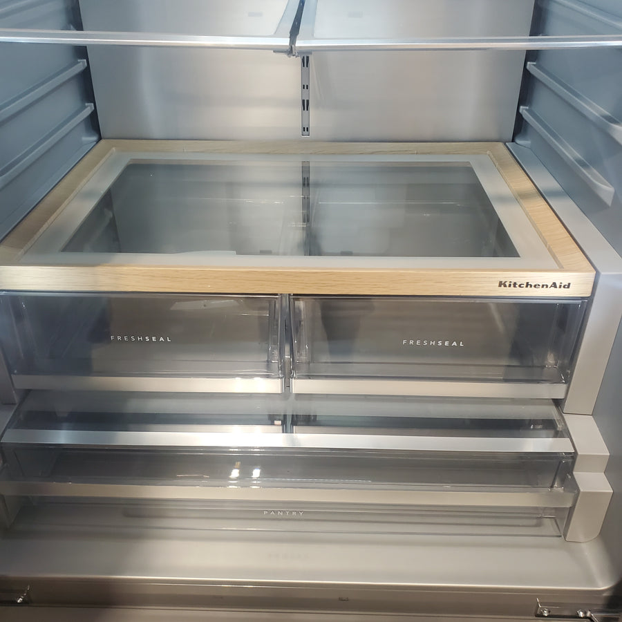 KitchenAid 36 in. 30 cu. ft. Standard Depth French Door Refrigerator in PrintShield Stainless with Exterior Water and Ice KRFF436SPS - Scratch & Dent (Minor)