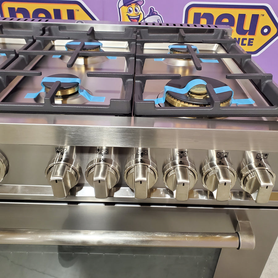 Bertazzoni 36 Inch Freestanding Gas Range with 6 Sealed Burners, European Convection Oven, Elegant Temperature Gauge, and 19000 BTU Power Burner MAS366BCFGMXT - Scratch & Dent (Minor)