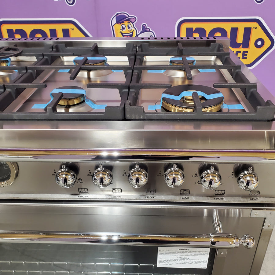 Bertazzoni 36 Inch Freestanding Dual Fuel Range with 6 Sealed Burners, 5.7 cu. ft. Capacity, Continuous Grates, Self-Cleaning, and 19000 BTU Power Burner HER366BCFEPXT - Open Box