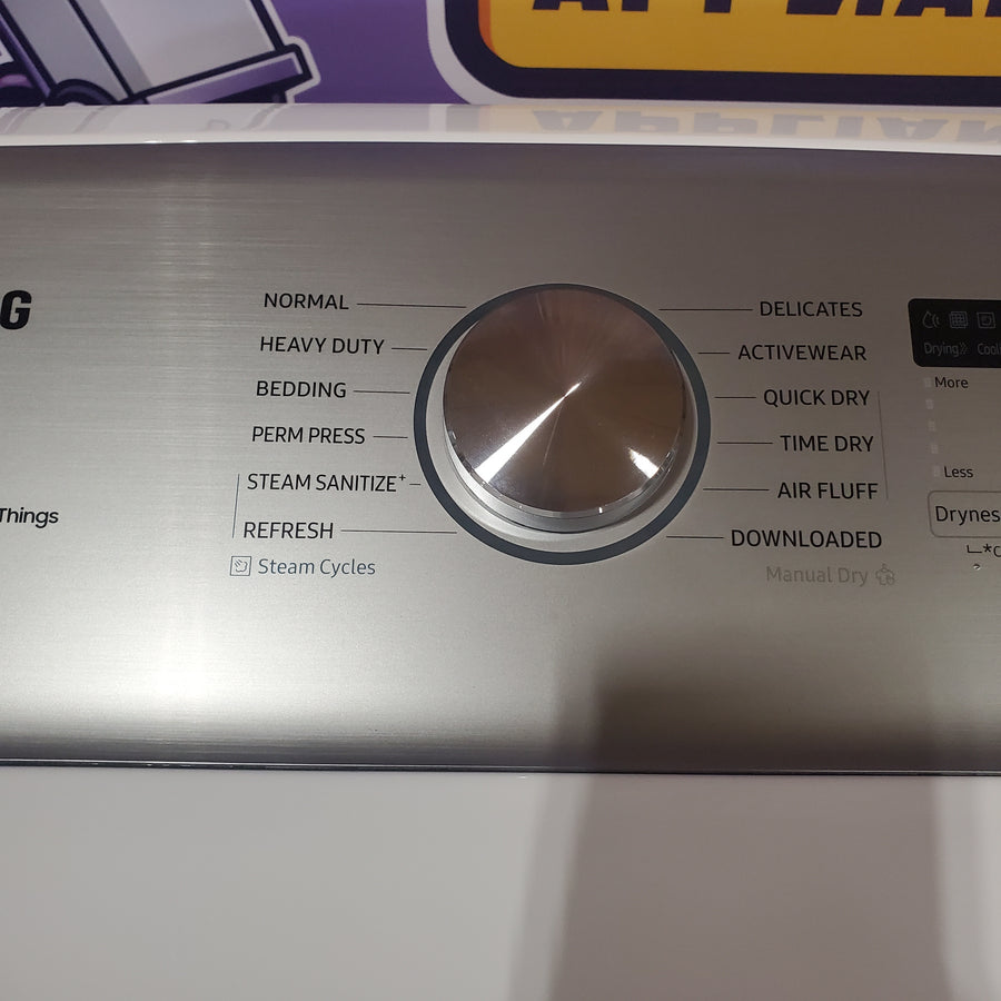 Samsung 5.2 cu. ft. Large Capacity Smart Top Load Washer with Super Speed Wash in White WA52DG5500AW - Scratch & Dent (Minor) and Samsung White Smart Electric 7.4 Cu. Ft. Dryer with Sensor Dry and Steam Sanitize+ DVE52A5500W - Scratch & Dent (Moderate)