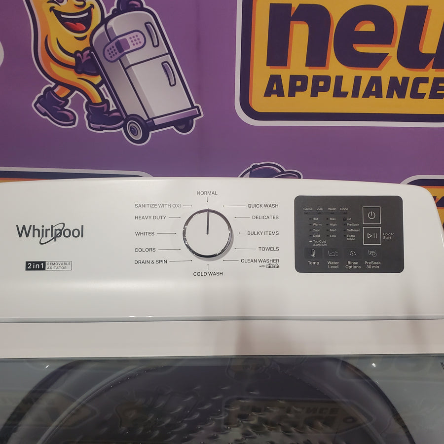 Whirlpool 4.2-4.3 Cu. Ft. Top Load Washer with 2-in-1 Removable Agitator and Soft Close Glass Lid WTW4307SW - Open Box and Whirlpool 7.0 cu. ft. Vented Front Load Electric Dryer in White with Adaptive Dry WED4107SW - Scratch & Dent (Minor)