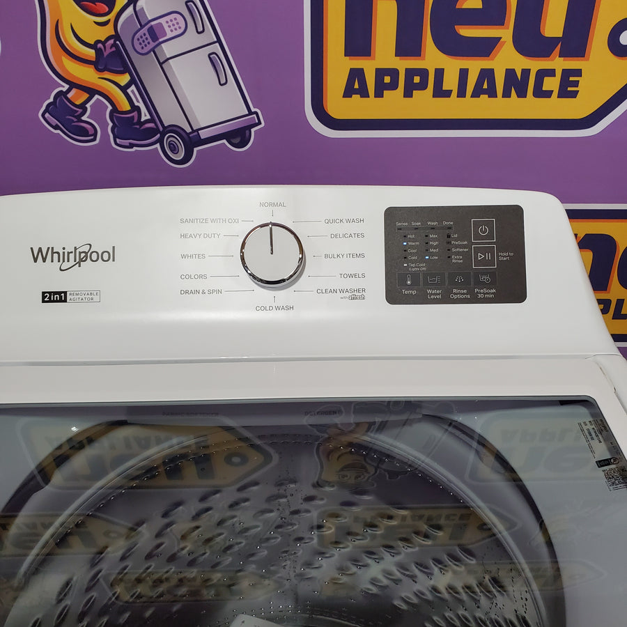 Whirlpool 4.2-4.3 Cu. Ft. Top Load Washer with 2-in-1 Removable Agitator and Soft Close Glass Lid WTW4307SW - Open Box and Whirlpool 7.0 cu. ft. Electric Dryer with Adaptive Dry and Wrinkle Shield™ Option WED4307SW - Open Box
