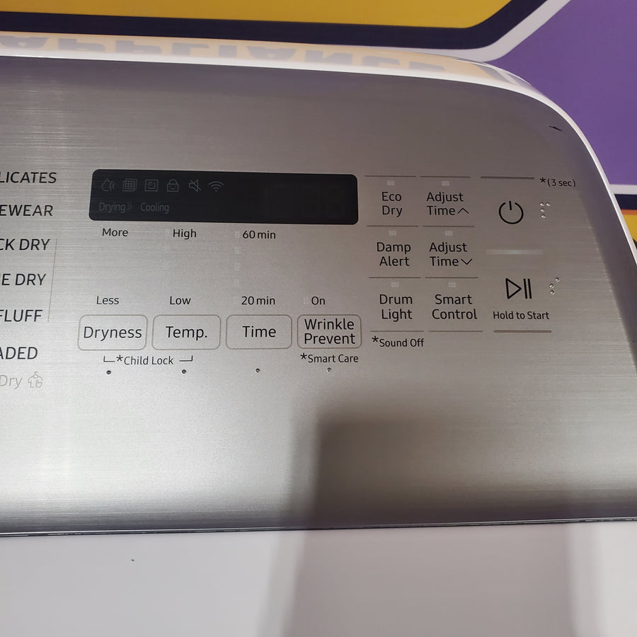 Samsung 5.2 cu. ft. Large Capacity Smart Top Load Washer with Super Speed Wash in White WA52DG5500AW - Scratch & Dent (Minor) and Samsung White Smart Electric 7.4 Cu. Ft. Dryer with Sensor Dry and Steam Sanitize+ DVE52A5500W - Scratch & Dent (Moderate)