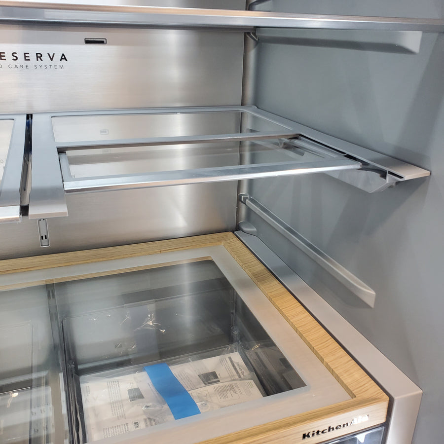 KitchenAid 36 in. 29 cu. ft. Standard Depth French Door Refrigerator in PrintShield Stainless with FreshChill Full-Width Drawer KRMF436SPS - Open Box
