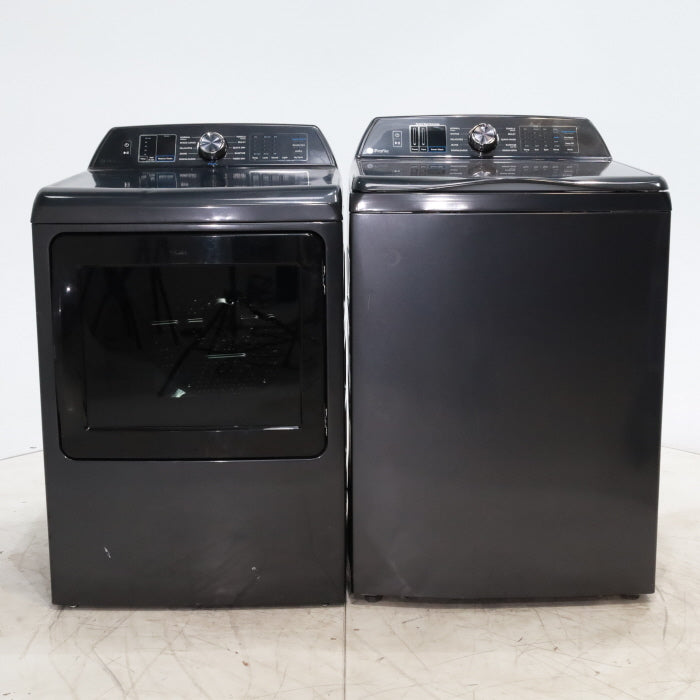 Pictures of Diamond Gray ENERGY STAR GE Profile 5.4 cu. ft. Top Load Washing Machine with FlexDispense and Diamond Gray ENERGY STAR GE Profile 7.4 cu. ft. Gas Dryer with Steam - Scratch & Dent - Moderate - Neu Appliance Outlet - Discount Appliance Outlet in Austin, Tx