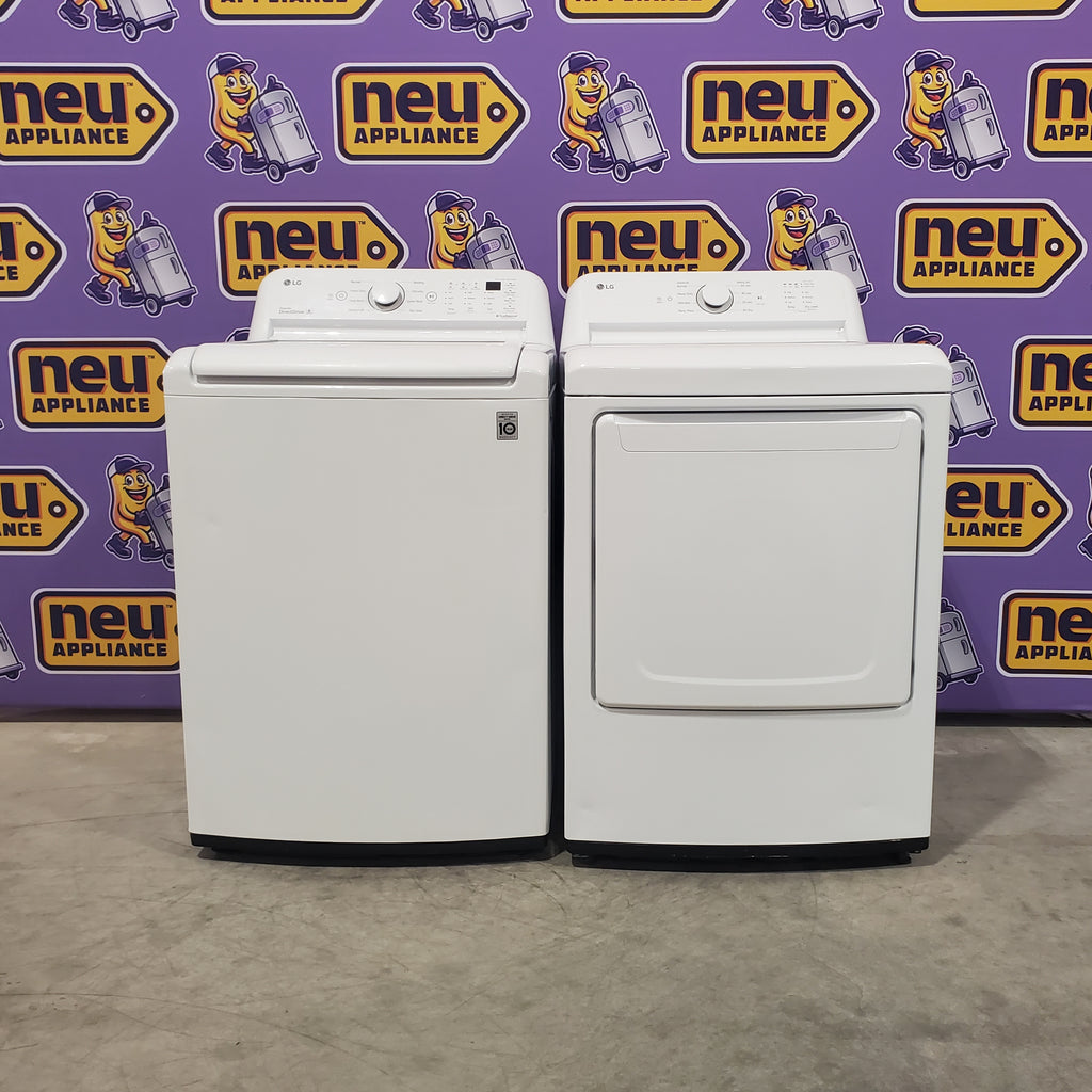 Pictures of LG White Top Load 4.5 Cu. Ft. Washer with NeveRust Drum and TurboDrum Technology WT7000CW - Certified Refurbished and LG 7.3 Cu. Ft. Electric Rear Control Ultra Large Capacity Dryer in White with Sensor Dry 16037 - DLE6100W - Certified Refurbished - Neu Appliance Outlet - Discount Appliance Outlet in Austin, Tx
